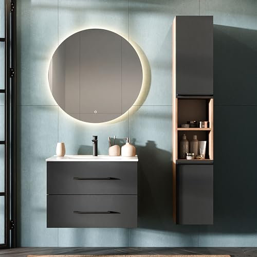 Planetmöbel LUX Badmöbel Set Waschtisch mit Waschbecken 70 cm, Spiegel mit Beleuchtung rund 80 cm (Touch-Funktion), Hochschrank 165 cm, Gold Eiche/Anthrazit