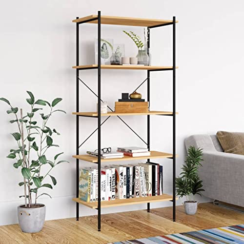 LAPOOH Regal mit 5 Böden, Regal, Bookshelf, Leiterregal, Standregal, Wandregal, Aktenregal, DVD Regal, Schwarz und Eiche-Optik 80x40x163 cm