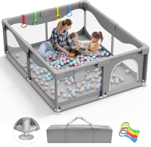 Sarr Klith Laufstall Baby 200 x 180cm, 2025 Upgrade Laufgitter Baby mit Saugnäpfen, Laufgitter Kinder Große Indoor/Outdoor, Sicherheitsspielplatz mit Einfacher Montage/Demontage, Grau