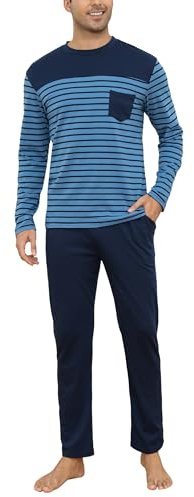Irdcomps Pyjama Homme Hiver Coton Ensembles de Pyjamas Chaud | Vêtements de Nuit Homme Loungewear Deux Pièces Manches Longues Col Rond Haut à Rayures Pantalon Uni Doux Confortable