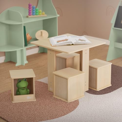 Joyz Kindersitzgruppe mit 1 Tisch und 4 Hockern, 5tlg Kindertischgruppe Holz, Kindermöbel Set für Kinder, Kinderhockern mit Stauraum, Kindertisch Schreibtisch Maltisch für Kinderzimmer & Spielzimmer