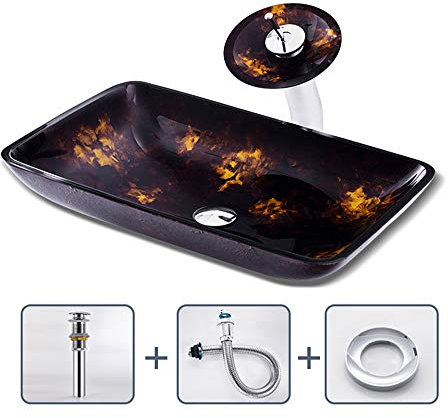 Lavabo de Salle de Bain en Verre Artistique, Vasque rectangulaire Ronde en Forme de Bateau avec Robinet à Cascade, lavabo, C (lavabo C)