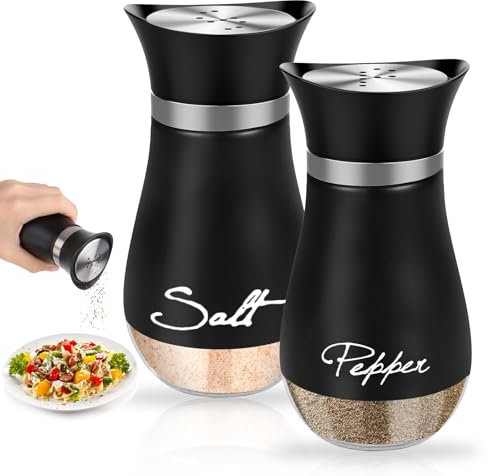 Ensemble Salière et Poivrière, 120ml Salière et Poivrière en Acier Inoxydable, Saliere en Verre, Distributeur D'épices, Pots à Epices, pour Maison, Cuisine, Table à Manger, 2pcs, Noir