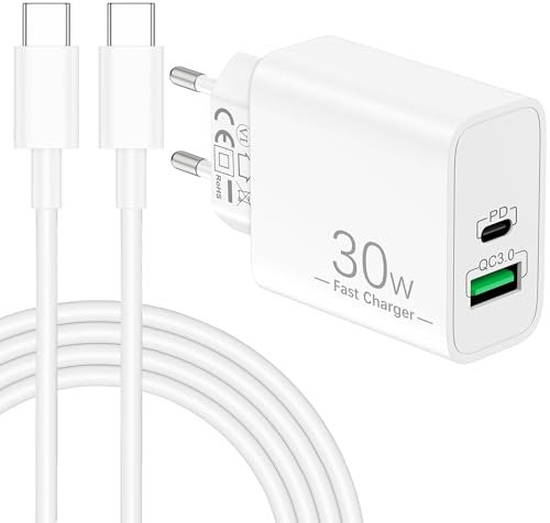 30W Caricatore Rapido con USB C Cavo per Samsung Galaxy S25 S24 S23 S22 S21 Ultra FE 5G A55 A54 A53 A52 A35 A25 A15 A13, Note 20 10, USB-C Charger PD&QC Caricabatterie Tipo C Rapida Carica Batterie