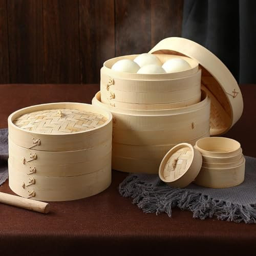 Cuiseur vapeur en bambou à 2 étages - Insert vapeur de 22 cm pour riz, dim sum, légumes, poisson, viande, etc. (1 pièce, 22 x 2 cm)