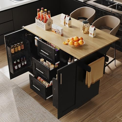 boorbin Isla de cocina, separadores extraíbles, ruedas extraíbles como armarios de cocina, carrito de comedor con encimera, armario buffet, toallero lateral con ruedas (negro)