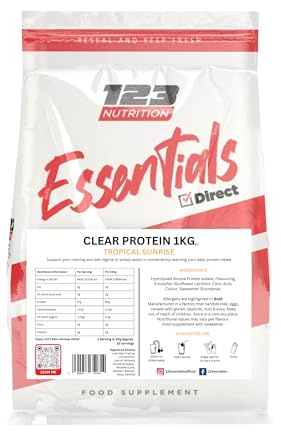 123 Nutrition Clear Protein, High Protein, Lactose-Free Protein Supplement, 1kg (1kg, Tropical Sunrise)