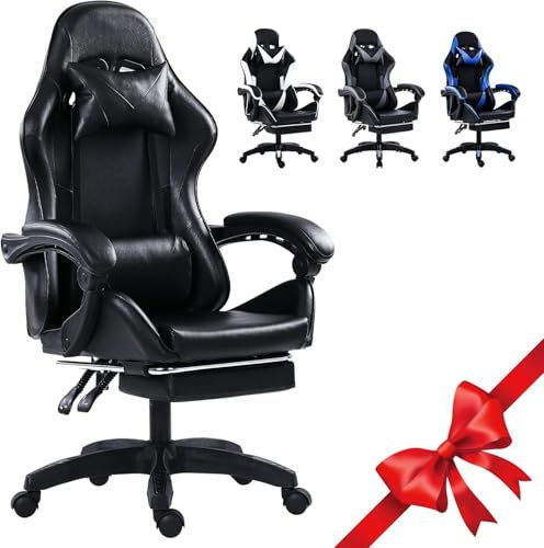 luckeu Chaise de gaming professionnelle avec repose-pieds, design ergonomique, accoudoirs à haut dossier, hauteur réglable et soutien lombaire, noir