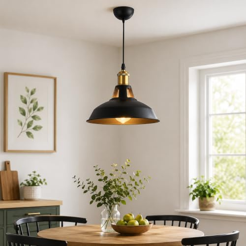 Alpinaluz Pendelleuchte E27 Schwarzes Metall Ø27 cm Industrial Vintage | Metallschirm mit oberer Öffnung, Messingdetail und verstellbarem Kabel für Küche, Esszimmer, Wohnzimmer, Bar und Café