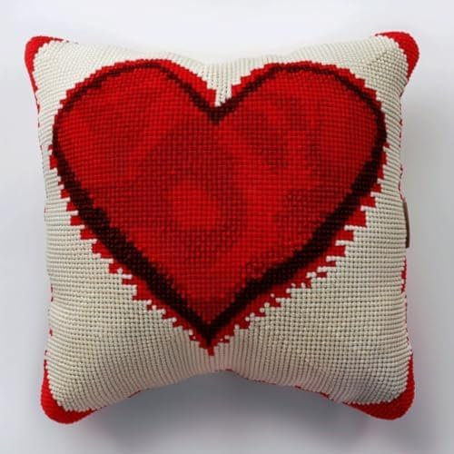 ANSIWEIGO Kit Tapis Au Point Noué,Kit De Crochet De Verrouillage,Coussin De Avec Motif Pré-imprimé Sur Toile Faite À La Main,Point Noué Coussin(Coeur D'amour Rouge),17x17 pouces