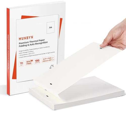 MUNBYN ITP04 A4 Papier Pour Imprimante Thermique, Papier Thermique A4 100 Feuilles, Compatible avec l'imprimante Thermique Portable ITP04/ITP01/A40, Papier Thermique à Alimentation Continue, 210*297mm