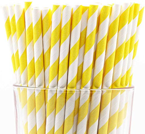 WREWING Lot de 100 pailles en papier biodégradables de 12 mm D - Écologiques - Rayures colorées - Pour boba, cocktails et fêtes - Jaune