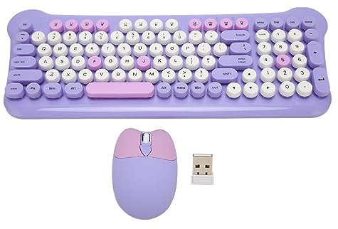 Asixxsix Clavier et Souris sans Fil, 98 Touches Rondes rétro avec Souris Mignonne, récepteur USB 2,4 GHz, pour w i n d o w s 98, PC, Ordinateur Portable, Ordinateurs de Bureau (Purple)