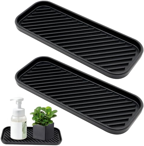 bayidun Lot de 2 organiseurs d'évier en silicone - Porte-éponge en silicone - Bac d'égouttement pour évier, éponges, brosses à savon, liquide vaisselle (noir, 23 x 9 x 1,2 cm)