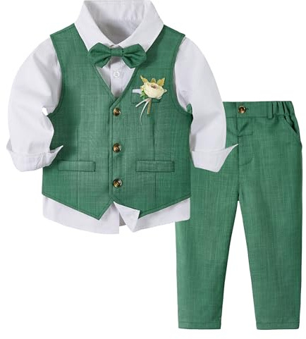 Volunboy Baby Boys 4-Piece Formal Suit, Toddler Waistcoat Wedding Party Birthday Dress Gentleman Suit(Tag Size 120,4-5 Years,Dark Green