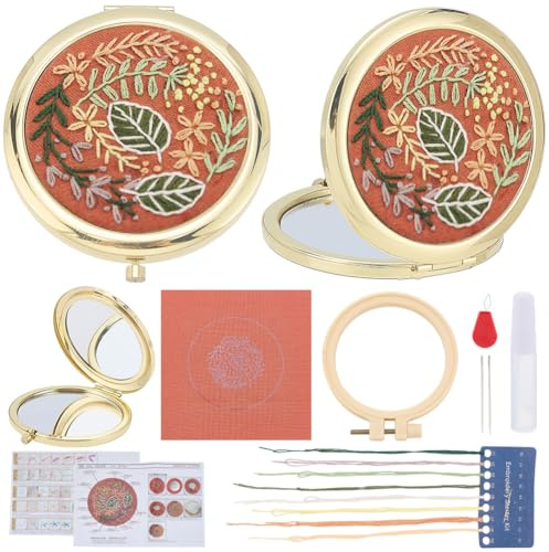 WEBEEDY Taschen-Spiegel-Stickset für Anfänger, kompaktes Make-up-Spiegel-Handstickset mit Blattmuster, Stickrahmen, Garn zum Geburtstag