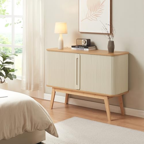 [en.casa] Buffet avec 2 Portes Coulissantes et 4 Grands Compartiments de Rangement Armoire Commode Placard Vaisselier pour Salon Chambre Bambou MDF 110 x 40 x 80 cm Naturel Blanc Crème