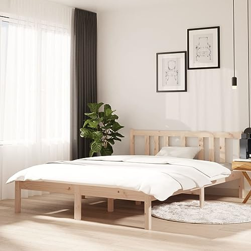 Yunovire Massivholzbett 135x190 cm, Kiefernholz Bettrahmen mit Kopfteil, Robustes Plattformbett, modern, für Schlafzimmer, unbehandeltes Holz