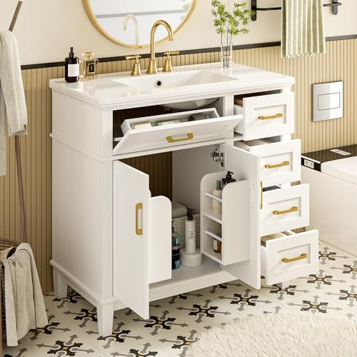 Lavabo con armario bajo 90 cm, color blanco, mueble de baño de cerámica con asas doradas y madera maciza lacada con 4 cajones de cierre suave y compartimento plegable