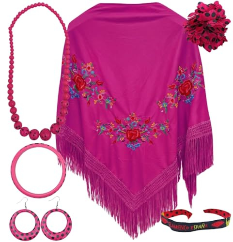 Scialle di Manila con Accessori: Scialle di Manila con Fiori Ricamati, Clip Capelli Fiore, Collana, Bracciale e Orecchini Fenicotteri e Bracciale in Tessuto., fucsia, L
