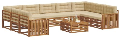 vidaXL Sofagarnituren 10 pcs Natur und Beige Massivholz Akazie, Moderner Garten-Sofa, Outdoor-Sitzgruppe, Lounge-Set für die Terrasse, bequem und robust