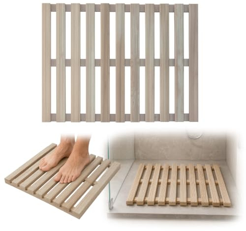Crisalide® - Plataforma de ducha de madera de pino natural, 68 x 55 cm, plataforma rectangular antideslizante, impermeable, con listones drenantes, patas de apoyo, alfombra de ducha de madera para