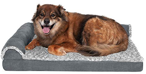 FurHaven Large Memory Foam Dog Bed Two-Tone Faux Fur & Suede L Shaped Chaise w/Removable Washable Cover - Stone Gray, Large