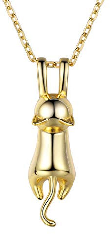 SILVERCUTE 925 Sterling Silber Kette für Damen Mädchen süße Katze Kätzchen Anhänger mit 46+5cm Rolokette Gelbgold überzogen Tier Schmuck für Valentinstag Jahrestag