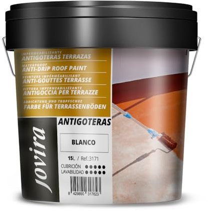 JOVIRA PINTURAS- 20 Chilo - Pittura impermeabilizzante antigoccia per terrazze. Gomma elastica. Previene le perdite su tutti i tipi di tetti e terrazze. (15 Litri, Bianco). A-14