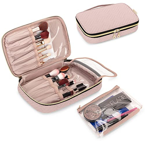 Yarwo Travel Makeup Brush Bag, Cosmetic Case with Detachable Pocket, Rose | 14 slots with elastic, 2 wide pockets, removable transparent zipper pocket, peach skin, gold zipper, holds brushes up to 24cm