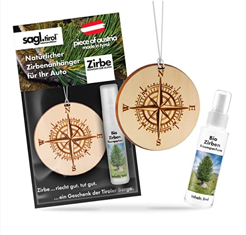 sagl.tirol Auto Duft aus Zirben Holz [100% Bio] inkl. Zirben Raum Parfüm 5ml I verschiedene Motive I natürlicher Auto Duftbaum I Auto Duft Innenraum I Auto Lufterfrischer I Autoduft I Kompass