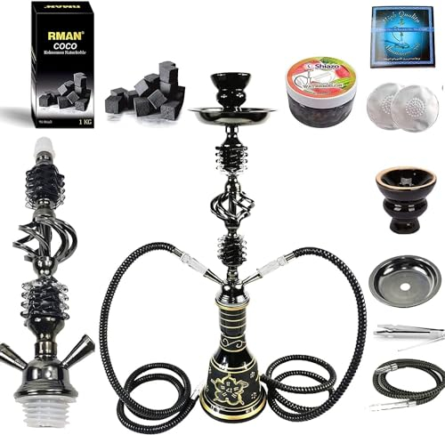 RMAN® Chicha kit Complet avec 2 Tuyaux 55 cm Grande Chicha Shisha avec Accessoires de Qualité Incluant Charbon de Coco, 100g Pierre à Vapeur, Embout et Pince à Chicha (Noir)