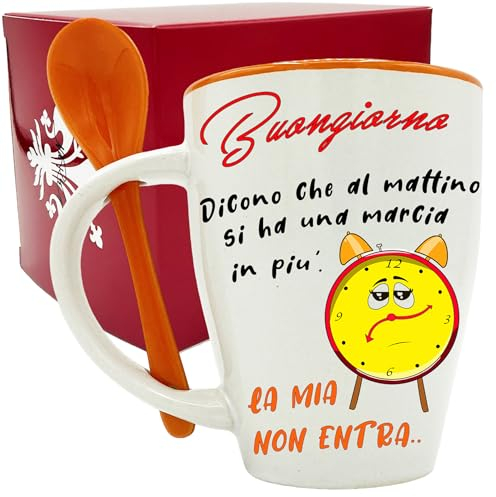 NAREG-Tazza in Ceramica con Cucchiaino, Tazza Regalo Natale, Tazza Divertente, Idea Regalo, Adatta a Microonde e Lavastoviglie (arancio)