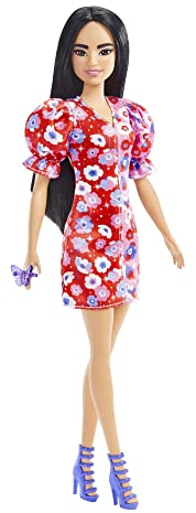 Barbie HBV11 - Fashionistas-Puppe mit Langen, schwarzen Haaren & Blumenkleid mit gerüschten Ärmeln, violetten Riemchensandalen, Schmetterlingsring, Puppen Spielzeug für Kinder von 3 bis 8 Jahren