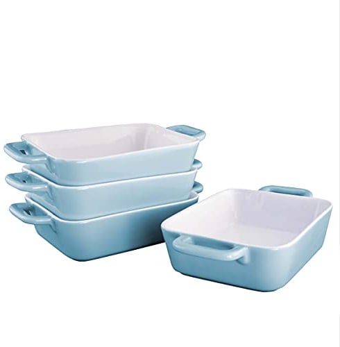 KVOTA rechteckige MINI Auflaufform Ofen- Backform Keramik Set 4 St je 1 Portion ca.9,5x4x13cm innen (12,5 x 4,5 x22 cm außen) 400ml (Blau)