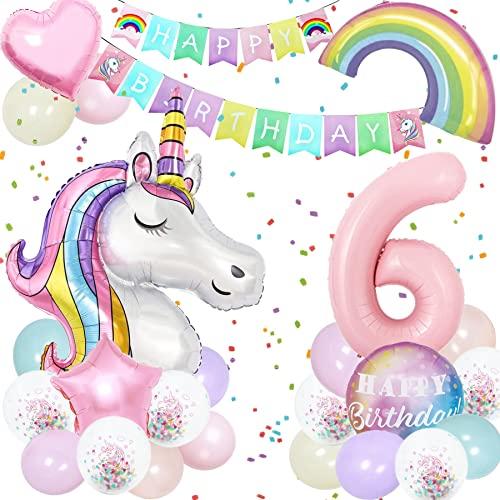 Einhorn Geburtstagsdeko - 3D Einhorn Luftballon, Riesen Folienballon Macaron 6, Folienballon Set mit Happy Birthday Banner, Rainbow Cloud Balloons für Mädchen Geburtstags Festival Dekoration