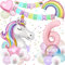 Einhorn Geburtstagsdeko - 3D Einhorn Luftballon, Riesen Folienballon Macaron 6, Folienballon Set mit Happy Birthday Banner, Rainbow Cloud Balloons für Mädchen Geburtstags Festival Dekoration