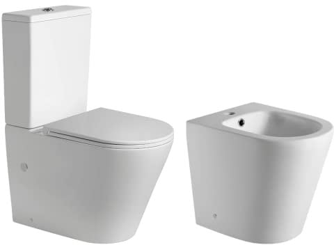 Pack Wc Inodoro Blanco MATE Completo Redondo Rimless de Fondo Reducido con Cisterna y Tapa Extrafina con Caída Amortiguada + Bidet BLANCO MATE a Suelo de Baño Redondo