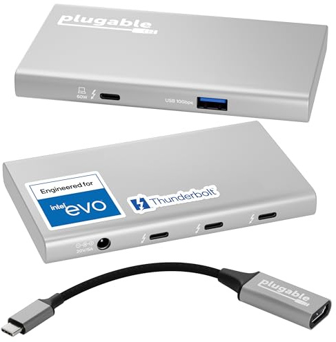 Plugable Hub USB 4, concentrador Thunderbolt 4 5 en 1 con Carga de 60 W, Pantalla única 8K o Doble 4K, Compatible con Mac y Windows, USB-C (1 Adaptador USB-C a HDMI Incluido), USB 4-HUB3A
