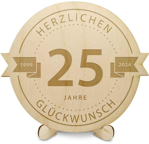 GRAVURZEILE Holzschnitte - Gravierte Holzscheibe 25 Jahre - Geschenk zum Jubiläum 2025 - Größe: 20 cm - Rustikales Geschenk zum Geburtstag, Jahrestag & Firmenjubiläum - für DIY Geschenke geeignet