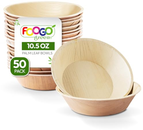 FOOGO Green 50pcs Disposable Palm Leaf Bowls, 6 (15cm), 10.5oz (300ml), for Desserts & Salad, Round, Eco Friendly Biodegradable Compostable, Like Wooden, Bamboo and Paper Bowls, Party