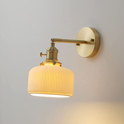 Japanischer weißer Keramikschirm E27 1-Licht-Wandlampen, gebürstetes Messing, verstellbare Wandleuchte, Arbeitszimmer, Lesewand, Leuchte, modernes Interieur, Schlafzimmer, Nachttisch-Wandleuchten