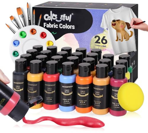 Colorful Fabric Paint Set with 6 Brushes, 1 Palette, 26 Colors Waterproof Permanent Textile Painting Kit for Adults to Arts on Clothes, Shoes, and Canvases