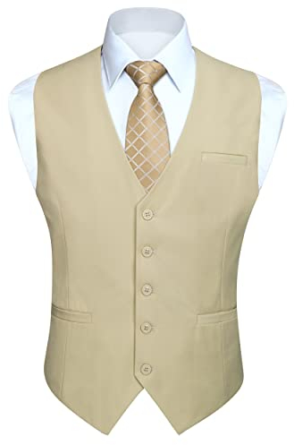HISDERN Gilets Sans Manche Homme Gilet De Couleur Unie En Coton Pour Hommes Gilet De Costume De Mariage Soiree Formelle,Champagne,XXL