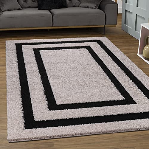 SANAT Wohnzimmer Teppich - Luxus Shaggy Nicht-schuppend Teppich, Wohnzimmer Schlafzimmer Esszimmer Eingangsbereich Teppiche, Bordüre Creme 200 x 280 cm