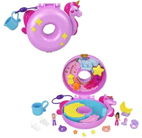 Polly Pocket Coffret Bouée Licorne Sparkle Cove Adventure avec 2 Mini-Figurines, 12 Accessoires, 2 Éléments Qui Changent De Couleur, Jeu D’Eau, Jouet Enfant, Dès 3 Ans, HKV34