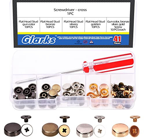 Glarks 41 remaches de espalda de tornillo con juego de destornillador, 4 metales de cabeza plana, billetera, pies, bolsos, pies, perno, botones planos, remaches de tapa de botón
