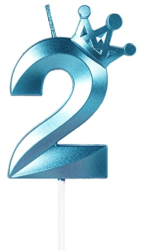 Yiran Geburtstagskerze Zahlen 2, 8cm Blau Mit Krone - Tortendeko, Kuchendeko, Kerze für Geburtstagsdeko, Nummer 2