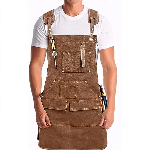 MIXBEL Delantal de Carpintero Con Bolsillos y Tirantes Ajustables - Herramientas de Trabajo Para Hombre - 9 Bolsillos de Lona Encerada Duradera