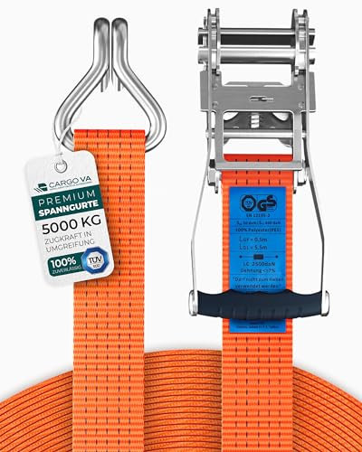 Cinghia di tensione CargoVA® con cricchetto e set di 4 ganci 50 mm x 6 m di lunghezza, carico di rottura 5000 kg, cinghia con cricchetto 2 pezzi arancione